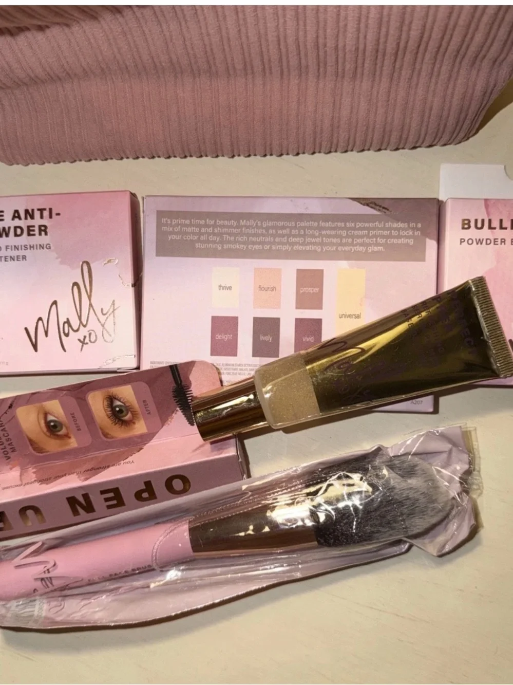 Mally bundle-med brightener,brush,blush, Primer,palette,mascara, bag